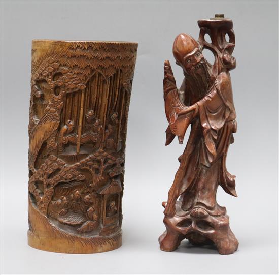 A bamboo brush pot and Chinese hardwood figure tallest 30cm